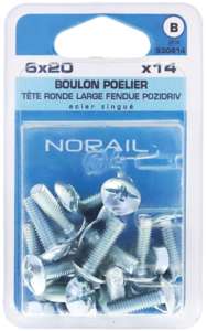 Boulon poelier tête ronde fendue large Diam. 6 x L. 20 mm - Boîte de 14 pièces