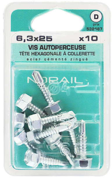 Vis autoperceuse tête hexagonale à la collorette en acier BIGMAT Diam. 6,3 x L. 25 mm - Boîte de 10 pièces