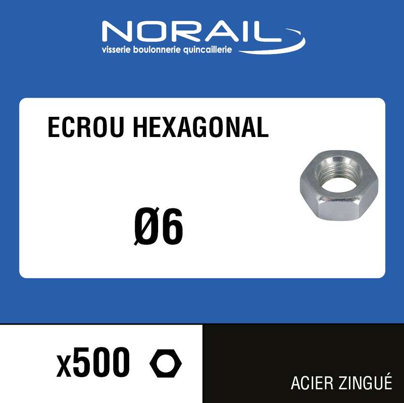 Ecrou hexagonale en acier zingué Diam. 6 mm - Boîte de 500 pièces