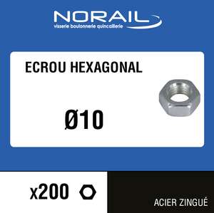 Ecrou hexagonale en acier zingué Diam. 10 mm - Boîte de 200 pièces