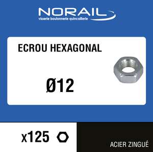 Ecrou hexagonale en acier zingué Diam. 12 mm - Boîte de 125 pièces