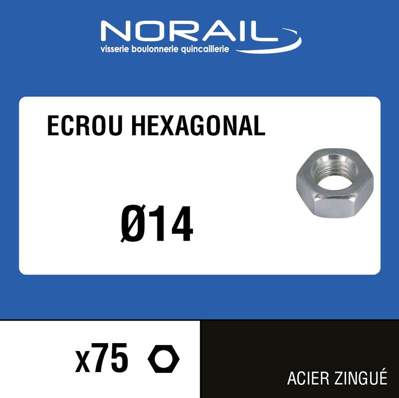 Ecrou hexagonale en acier zingué Diam. 14 mm - Boîte de 75 pièces