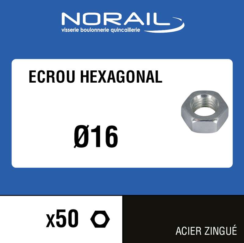 Ecrou hexagonale en acier zingué Diam. 16 mm - Boîte de 50 pièces