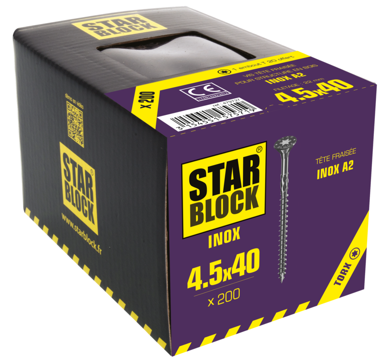 Vis à tête fraisée A2 STARBLOCK en inox Diam. 4,5 x L. 40 mm - Boîte de 200 pièces