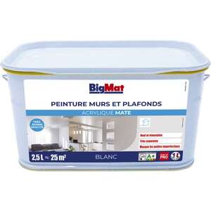 Peinture pour murs et plafonds BIGMAT acrylique mat blanc - Pot de 2,5 L