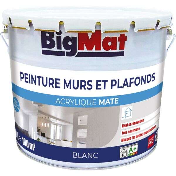 Peinture pour murs et plafonds BIGMAT acrylique satin blanc - Pot de 2,5 L