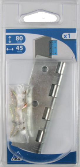 Charnière rectangulaire simple feuille pour porte à visser en acier zingué l. 45 x H. 80 x Ép. 0,8 mm