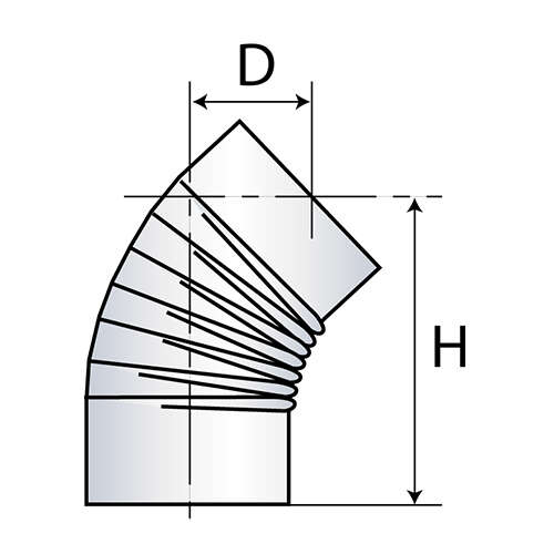 Coude plissé à 45° pour le dévoiement dans le conduit de raccordement en inox Diam. 130 mm