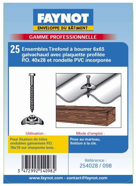 Kit de fixation pour tôle ondulée bois en acier galvanisé - Diam. 6 x L. 65 mm - Sachet de 25 pièces