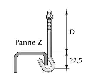 Crochet pour fixation de tôle en acier galvanisé SN 8 - PANNE Z Diam. 90 mm