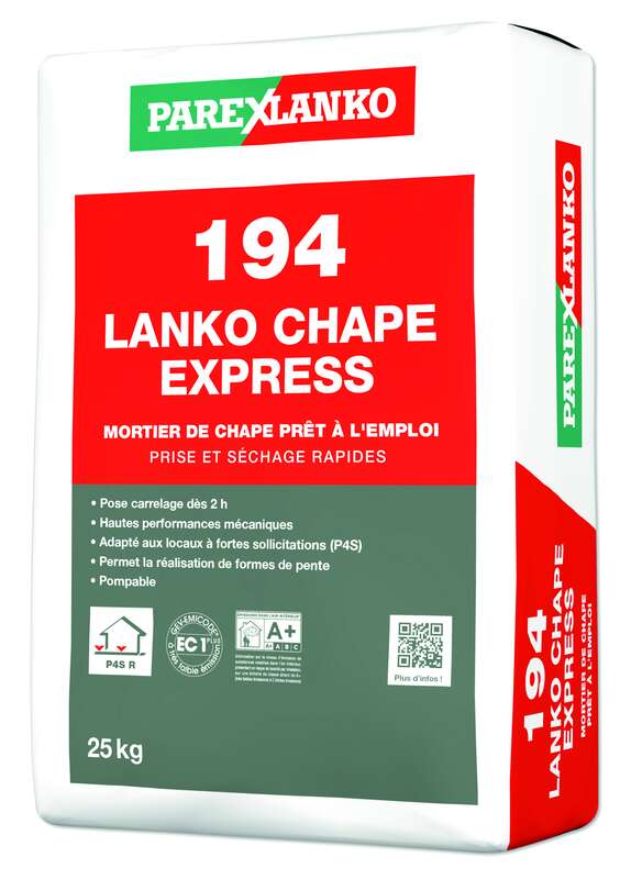 Mortier chape prêt à l'emploi pour la réalisation de chape adhérente en intérieur et extérieur 194 LANKO CHAPE EXPRESS gris - Sac de 25 kg