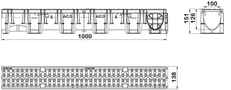 Caniveau ACO XTRADRAIN 100 C en polypropylène H. 150 mm + grille passerelle en fonte classe B125