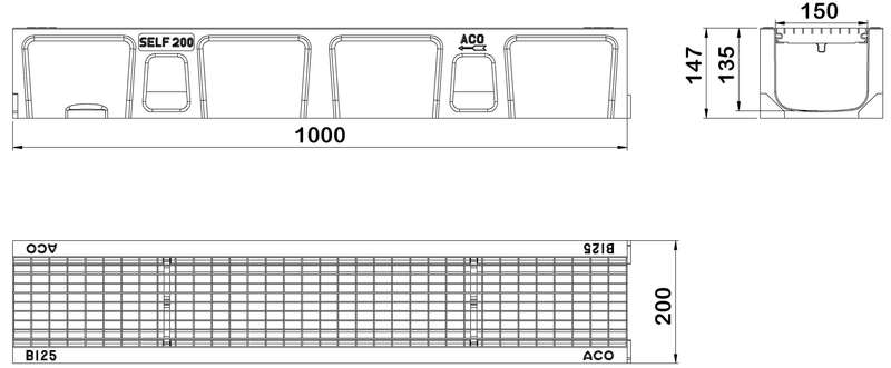 Caniveau ACO SELF 200 en béton polymère H. 149 mm + grille caillebotis en acier galvanisé classe B125