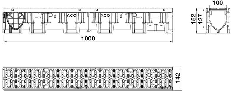 Caniveau ACO XTRADRAIN 100 S en polypropylène H. 150 mm + grille passerelle en fonte classe C250