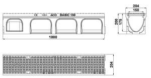 Caniveau ACO BASICDRAIN 150 en béton polymère H. 200 mm + grille passerelle en fonte classe C250