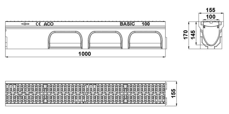 Caniveau ACO BASICDRAIN 100 en béton polymère H. 170 mm + grille passerelle en fonte classe C250