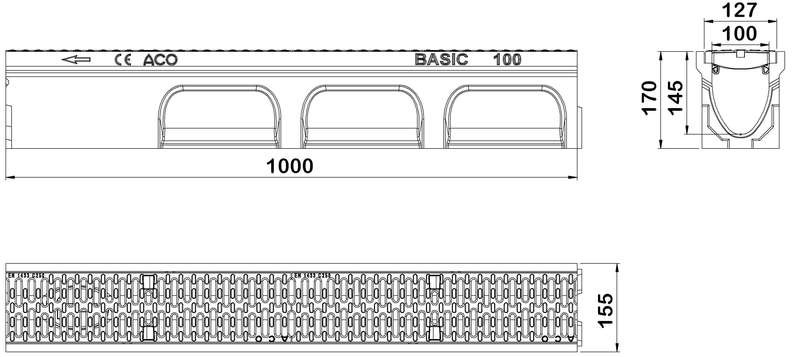Caniveau ACO BASICDRAIN 100 en béton polymère H. 170 mm + grille passerelle en fonte classe C250
