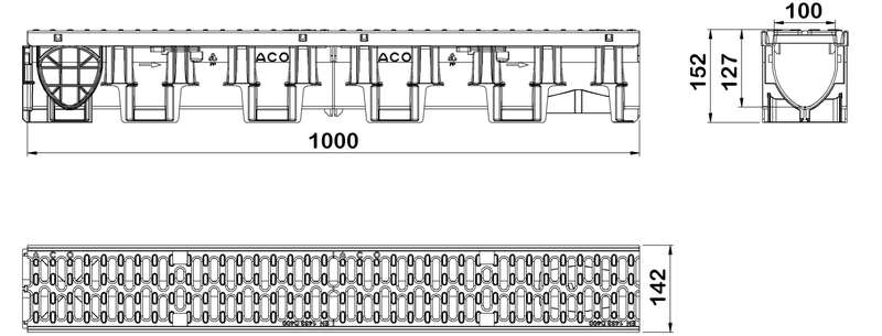 Caniveau ACO XTRADRAIN 100 S en polypropylène H. 150 mm + grille passerelle en fonte classe D400