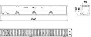 Caniveau ACO SELF 100 en béton polymère H. 145 mm + grille passerelle en fonte classe B125