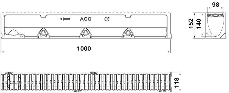 Caniveau ACO SELF 100 en béton polymère H. 145 mm + grille passerelle en fonte classe B125