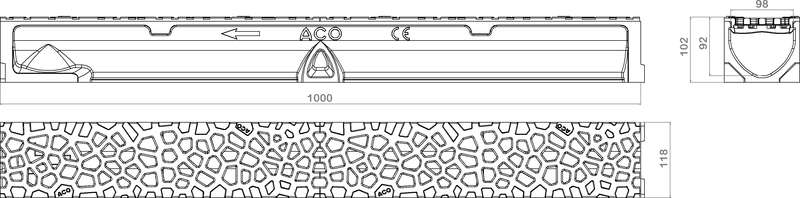 Caniveau ACO SELF 100 en béton polymère H. 95 mm + grille voronoï en fonte classe B125