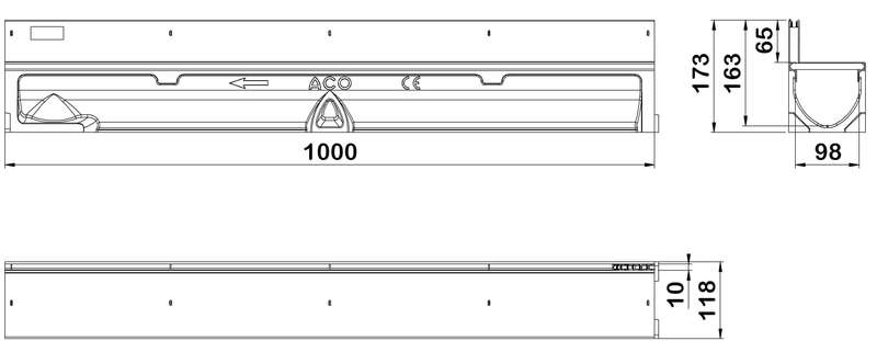 Caniveau ACO SELF 100 en béton polymère H. 95 mm + couverture à fente en acier galvanisé classe A15