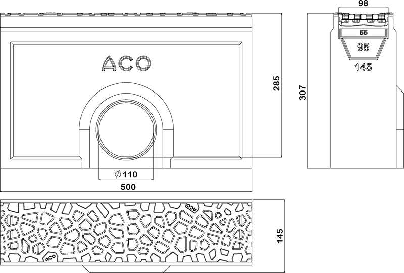 Caniveau avaloir ACO SELF 100 rectangulaire l. 145 x L. 500 mm + grille Voronoï en fonte noir standard classe B125