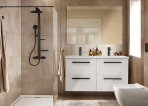 Colonne de douche thermostatique IDEAL STANDARD ALU+ Ceratherm avec pomme de tête, douchette 2 jets et 2 tablettes - Finition Noir mat