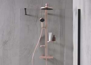 Colonne de douche thermostatique IDEAL STANDARD ALU+ Ceratherm avec pomme de tête, douchette 2 jets et 2 tablettes - Finition Rose brossé
