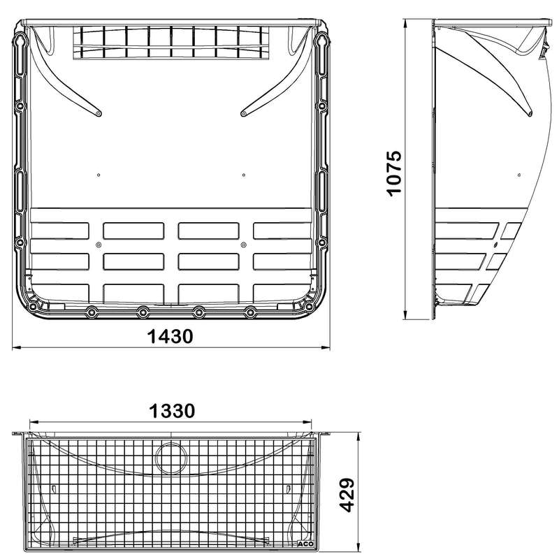 Cour anglaise ACO avec grille maille 30x30 pour un usage piéton L. 1250 x l. 1000 x H. 400 mm