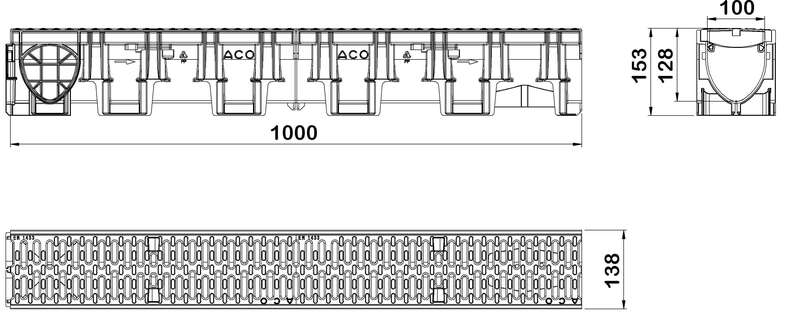Caniveau ACO XTRADRAIN 100 C en polypropylène H. 150 mm + grille passerelle en microgrip composite classe C250