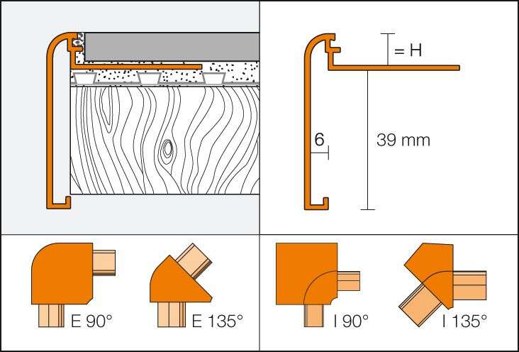 Angle sortant 90° pour profilé de finition SCHLÜTER RONDEC-STEP en aluminium chromé anodisé brossé - H. 12,5 mm