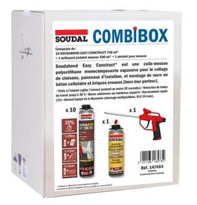 Mousse-colle en polyuréthane COMBIBOX - Carton de 10 aérosol, 1 pistolet et 1 nettoyant