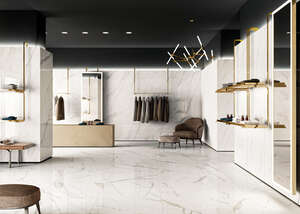 Carrelage slim pour sol/mur intérieur en grès cérame à masse colorée aspect poli brillant effet marbre PANARIA TRILOGY Calacatta White L. 300 x l. 100 cm x Ép. 5,5 mm - Rectifié