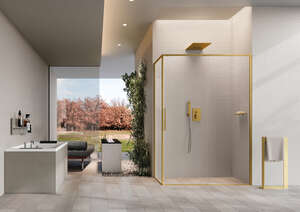 Paroi de douche 2 portes + fixe  NOVELLINI RIGA en verre trempé transparent or brossé H. 200 x l. 97 cm
